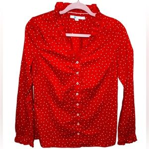 Boden Top‎ Polka Dot Size 2 Orange White Ruffle Poplin Long Sleeve Button Up